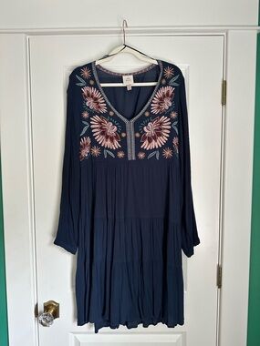 Knox Rose Navy Embroidered Floral V-Neck Women's Long Sleeve Dress XL
